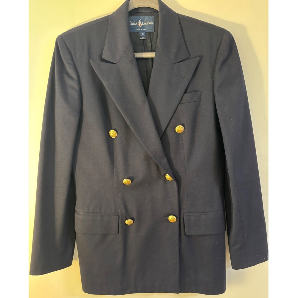 Vintage Ralph Lauren Navy Blazer Gold Crested Women 6 Made in USA Classic